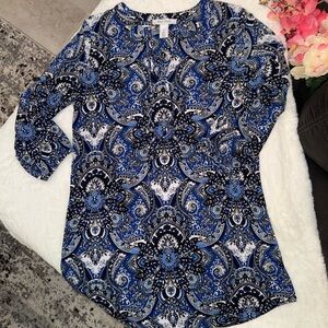 2 x 20$ White House Black Market Blue and Black Ornate Blouse Size M